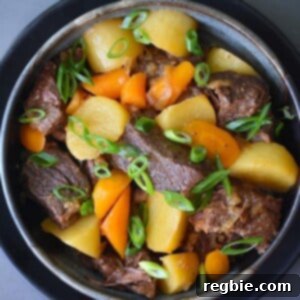 An overhead shot of two hands holding a serving bowl filled with Instant Pot Chinese Beef Stew.