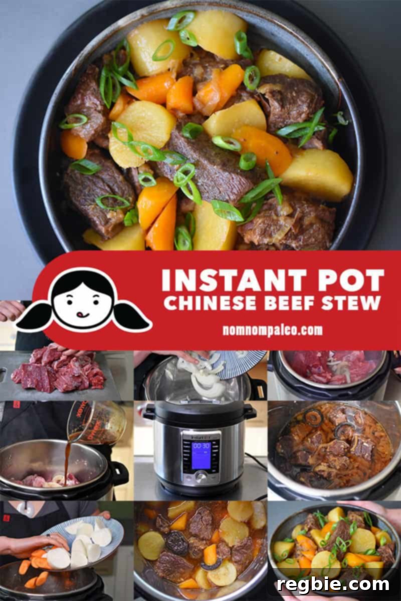 A collage of the cooking steps to make Instant Pot Chinese Beef Stew, featuring key ingredient preparations and Instant Pot settings.