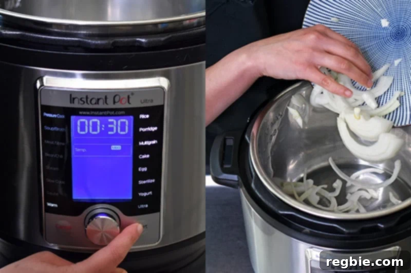 The front of an Instant Pot Ultra being programmed for sauté, and sliced onions being added to the hot pot.