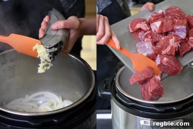 On the left, someone adding minced garlic to the Instant Pot. On the right, cubed beef is being added to brown.