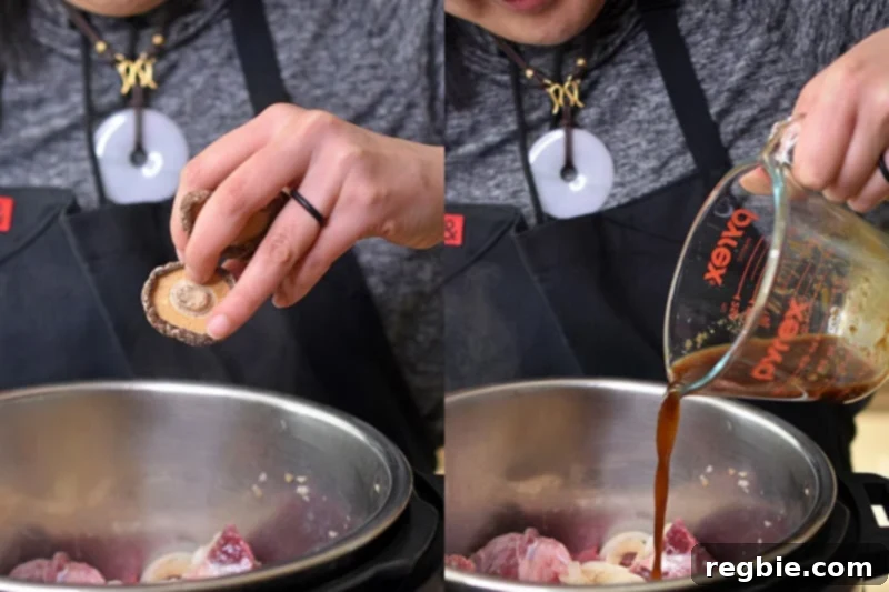 On the left, a person adding dried shiitake mushrooms to the Instant Pot. On the right, All-Purpose Stir-Fry Sauce being poured into the pot.