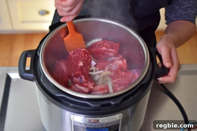 An overhead shot of someone stirring the contents of Instant Pot Chinese Beef Stew before pressure cooking it.