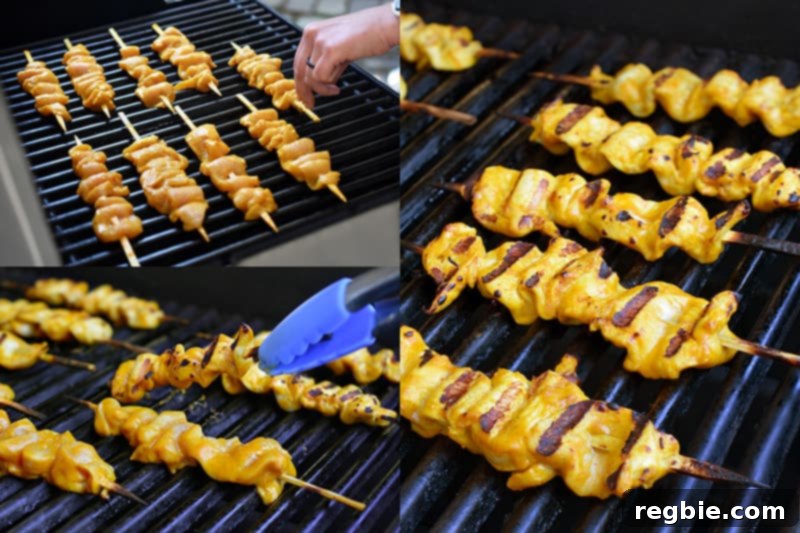 Grilling the chicken satay on a gas grill, showcasing the formation of delicious brown grill marks.