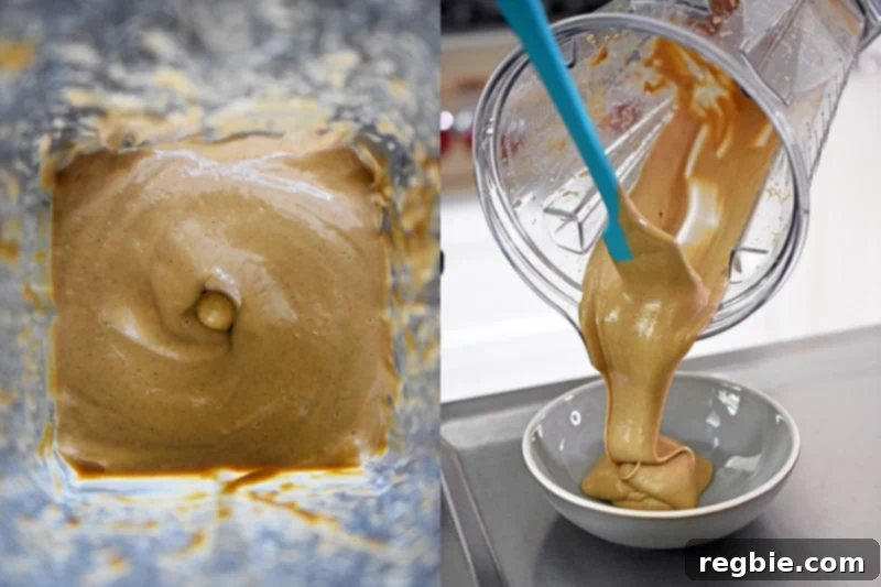 An overhead shot of the Hoisin No-Nut Sauce in the blender, showing its thick, creamy consistency similar to runny peanut butter.