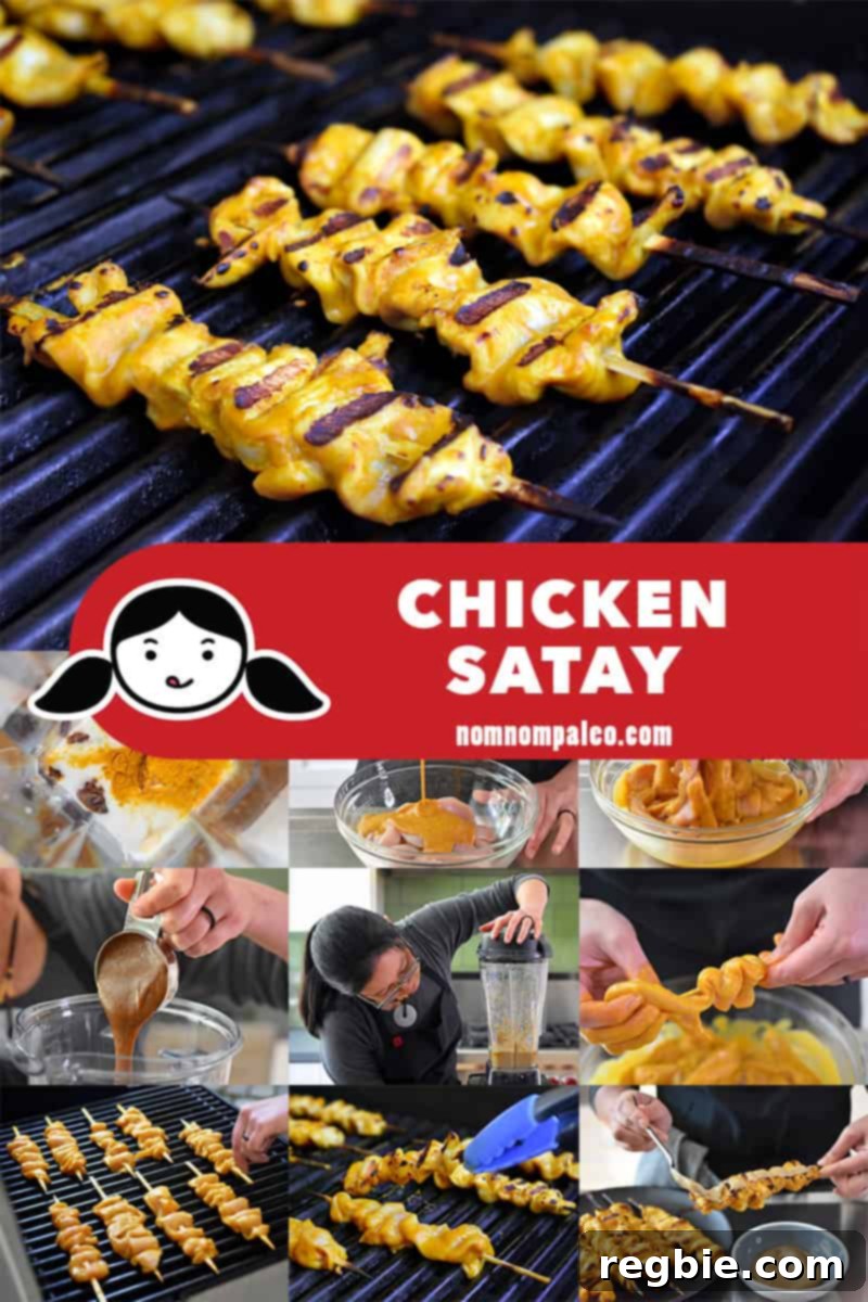 A collage of the cooking steps to make Paleo Chicken Satay, showing the preparation and grilling process.