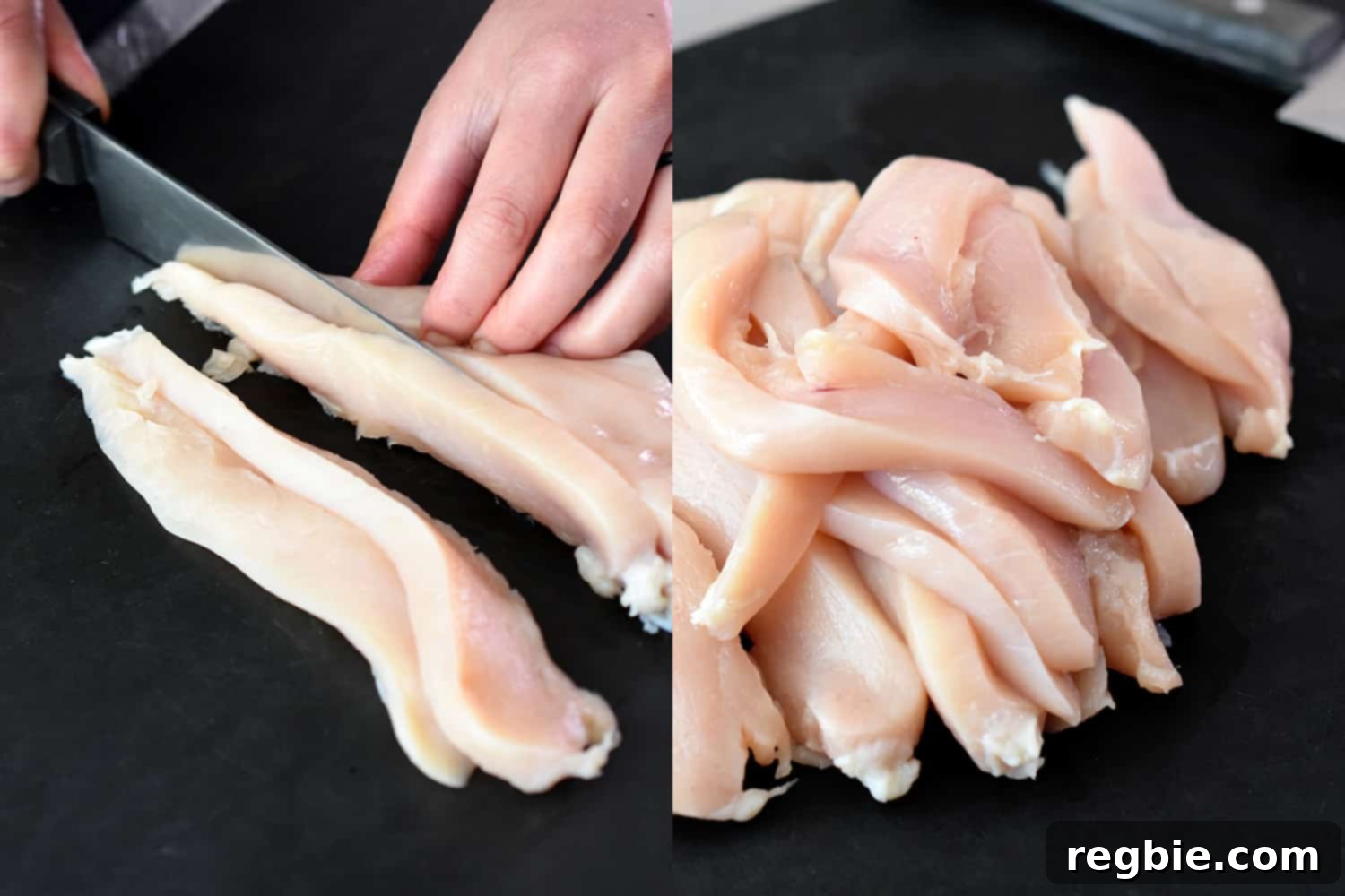 Slicing raw chicken breast into 1/2-inch strips, ready for marination.