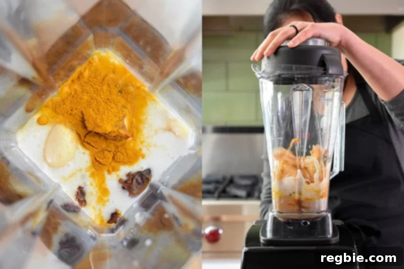 A shot of a woman making the paleo chicken satay marinade in a Vitamix, illustrating the blending process.