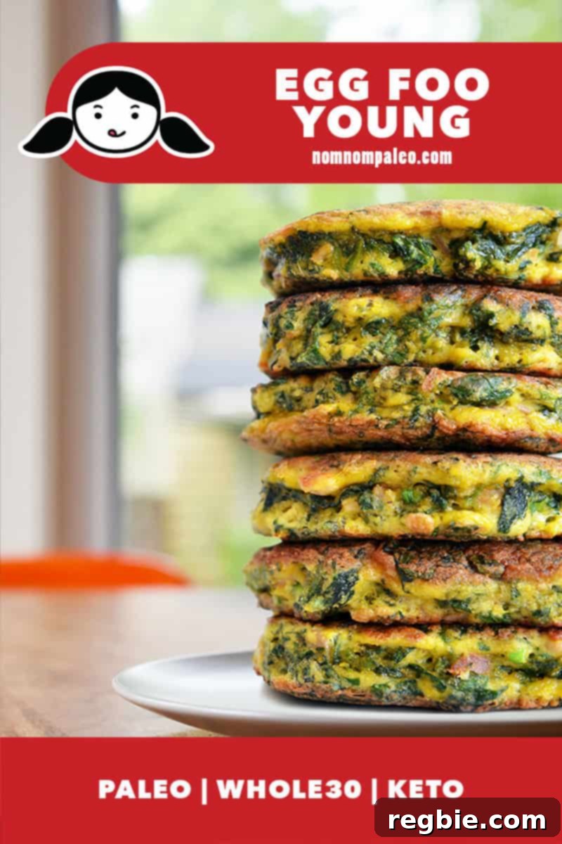 Wholesome Whole30 Keto Egg Foo Young 2 A stack of Paleo Egg Foo Young on a plate. There is a red banner that says 'Egg Foo Young' and 'Paleo, Whole30, Keto.'
