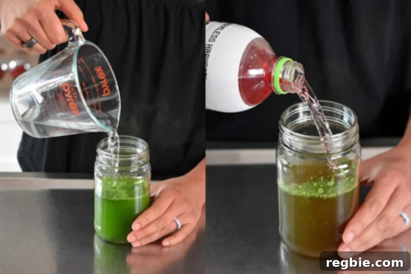 Chilled Matcha Infusion 7 Two shots of cold brew matcha preparation. The one on the left shows cold water being added, and the one on the right shows coconut water being added to a mason jar.