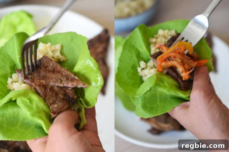 Classic Korean BBQ Kalbi 16 An overhead shot of someone assembling a paleo lettuce wrap filled with Whole30-friendly klalbi, kimchi, and cauliflower rice.