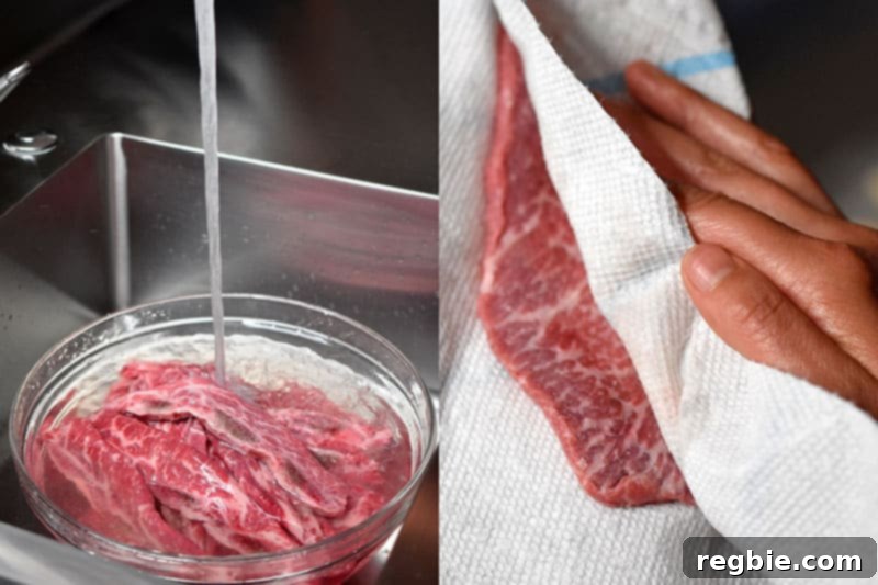 Classic Korean BBQ Kalbi 6 A bowl is filled with raw LA kalbi (flanken-style beef short ribs) and water is pouring into the bowl. In the next picture, someone is patting the ribs dry with a paper towel.