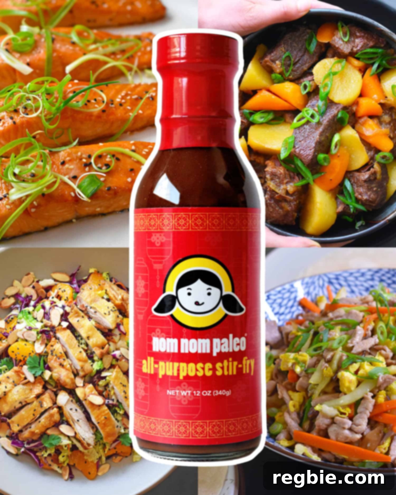 Nom Nom Paleo's Irresistible Sauces 3 A bottle of Nom Nom Paleo's All-Purpose Stir-Fry Sauce is surrounded by pictures of easy paleo-friendly dishes you can make with it.