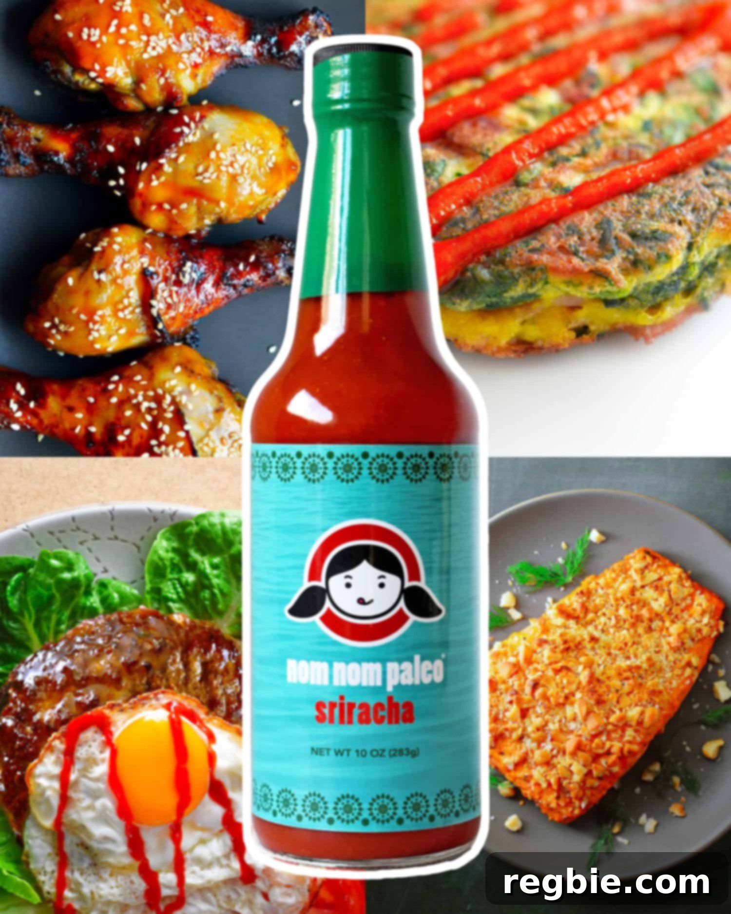 Nom Nom Paleo's Irresistible Sauces 4 A bottle of Nom Nom Paleo Sriracha is surrounded by easy, weeknight, paleo-friendly dishes you can make with it.