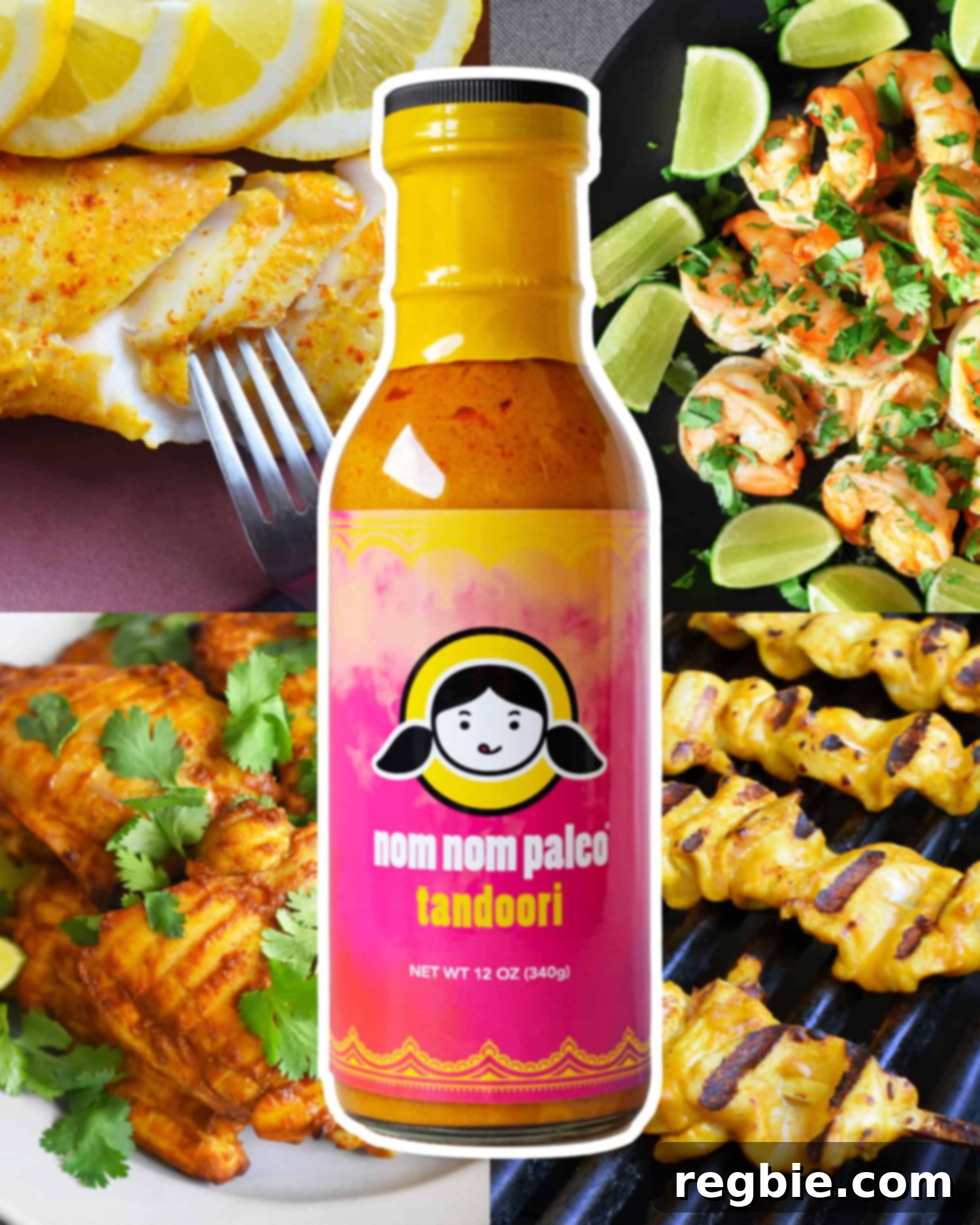 Nom Nom Paleo's Irresistible Sauces 5 A bottle of Nom Nom Paleo Tandoori is surrounded by pictures of fish, shrimp, and chicken dishes that use it as a marinade.