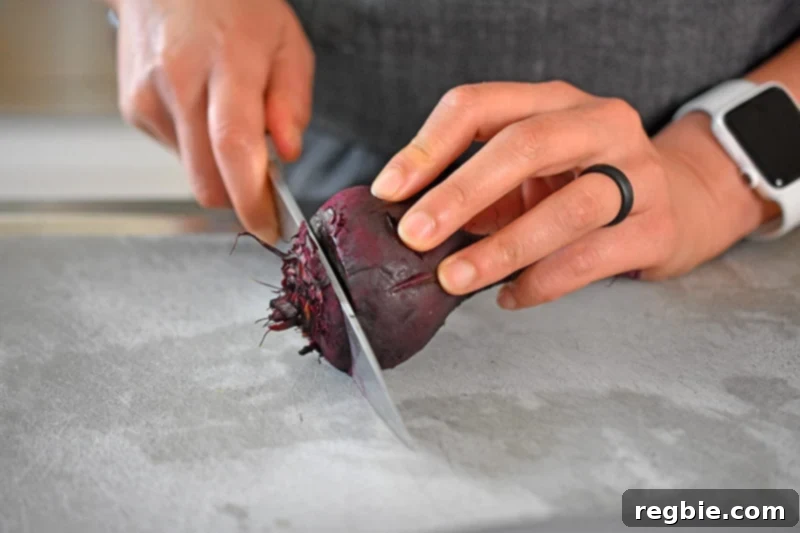 Sweet and Tangy Roasted Beets 10 Peeled and trimmed roasted beets, ready for chopping and marinating.