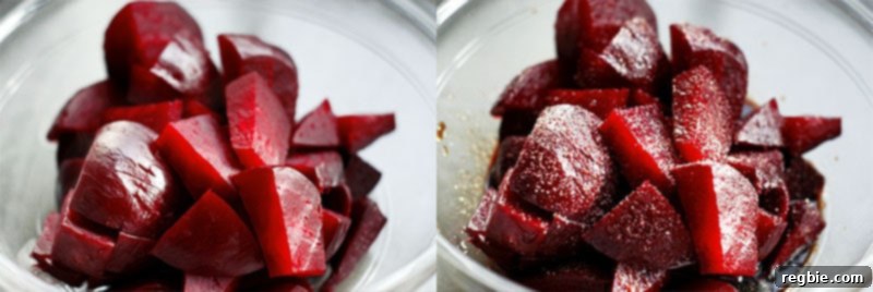 Sweet and Tangy Roasted Beets 11 Chopped roasted beets seasoned with salt, pepper, and a generous splash of balsamic vinegar.