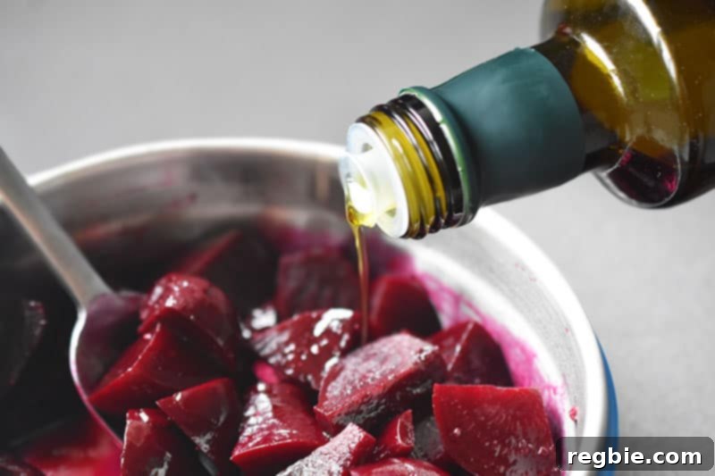 Sweet and Tangy Roasted Beets 12 Marinated Roasted Beets, glistening with olive oil, ready to be served.