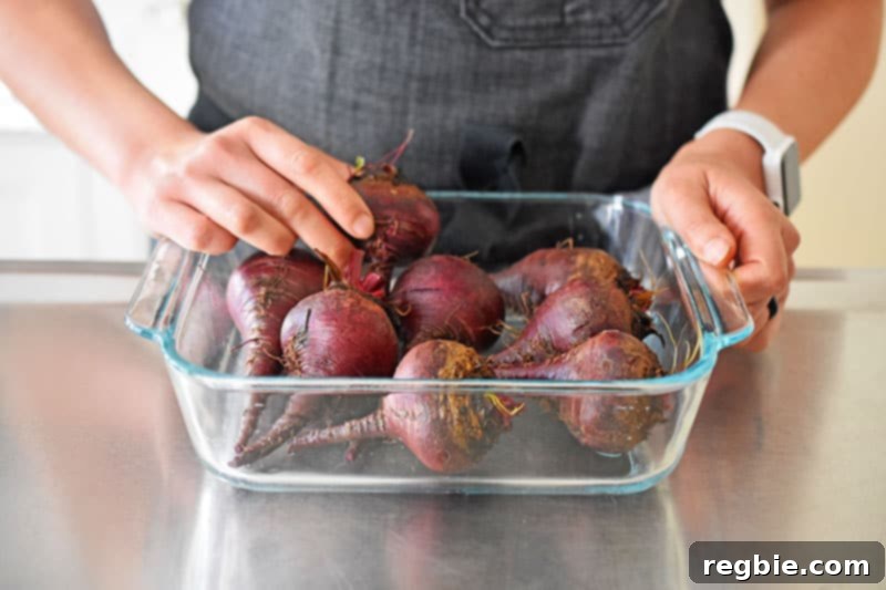 Sweet and Tangy Roasted Beets 6 Adding an inch of water to the baking dish with beets for steaming during roasting.
