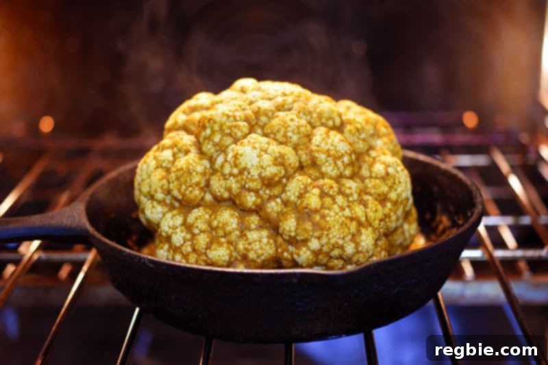 Tandoori Whole Roasted Cauliflower baking uncovered in the oven, developing a golden-brown crust.