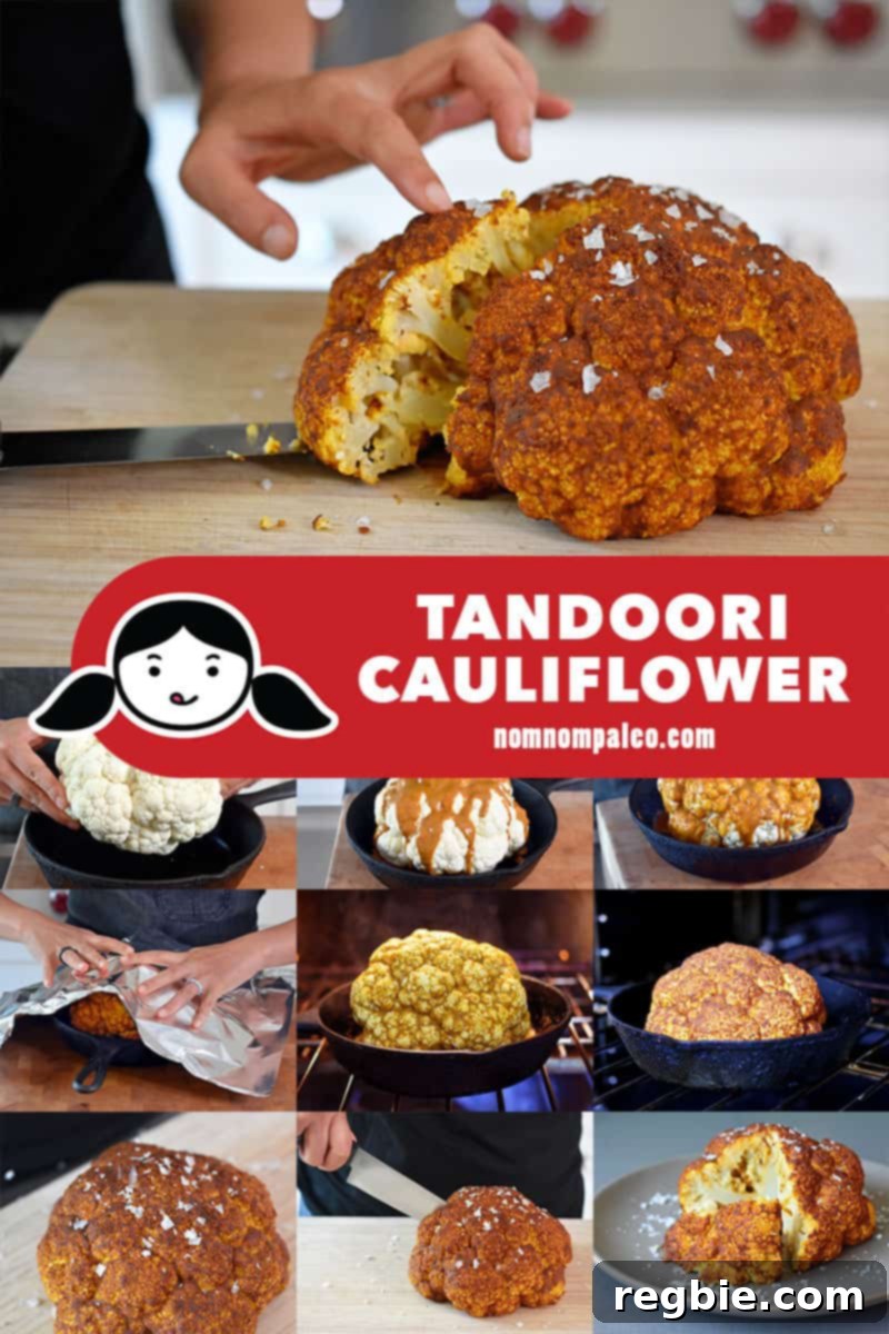 A collage showing the preparation stages of Whole30 and vegan Tandoori Whole Roasted Cauliflower, from fresh cauliflower to marinated and roasted.