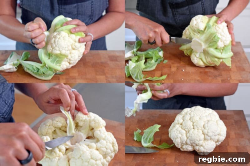 Someone carefully preparing a whole cauliflower head by trimming leaves and removing the core, ensuring it remains intact for roasting.