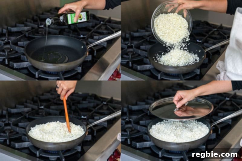 Adding avocado oil to a hot pan and adding cauliflower rice.