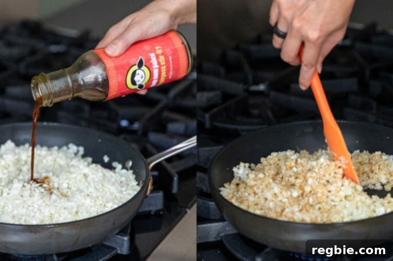 Adding All-Purpose Stir-Fry Sauce to cauliflower rice to make a delicious Whole30 dinner.