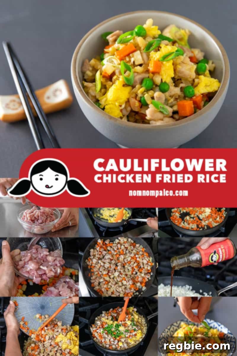 A collage of the cooking steps to make delicious low carb Cauliflower Chicken Fried Rice.