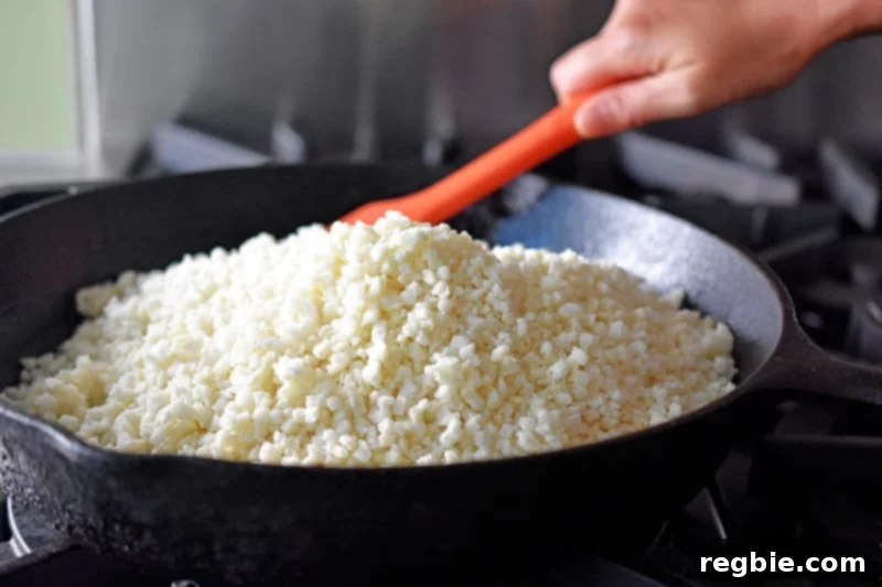Simple Cauliflower Rice being prepared, a versatile ingredient for healthy meals.