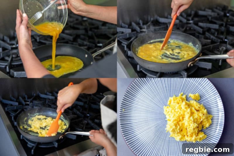 The cooking steps for making perfect scrambled eggs for Cauliflower Chicken Fried Rice.