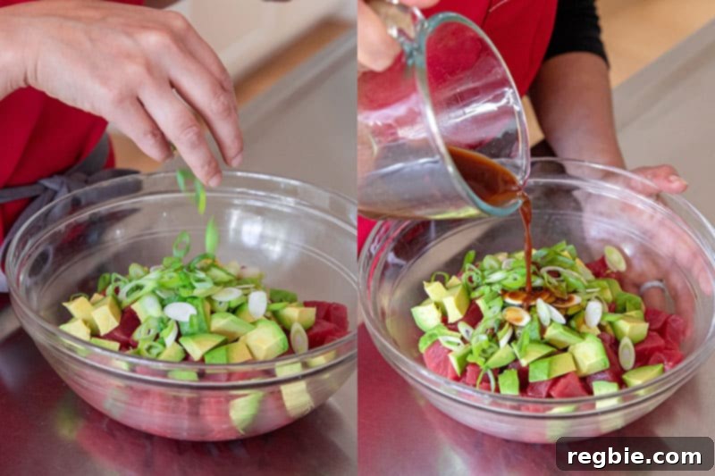 Clean Eating Tuna Avocado Poke 7 Adding thinly sliced scallions and the Whole30-compliant sauce to the tuna and avocado mixture in a large bowl.