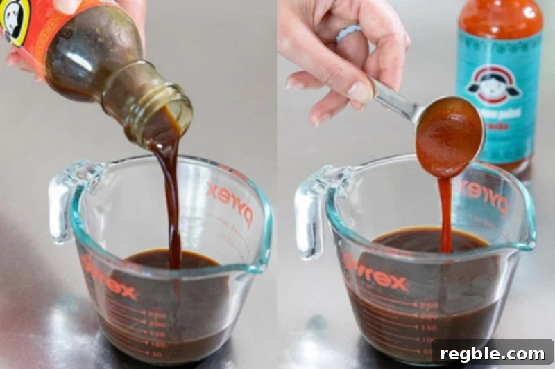 Expertly measuring out homemade Nom Nom Paleo All-Purpose Stir-Fry Sauce and Whole30 Sriracha for an effortless Chinese Chicken Wing marinade.