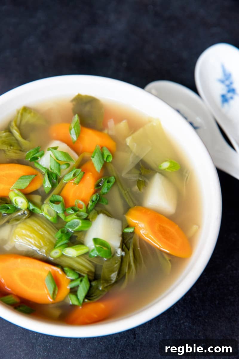 A side view of Instant Pot Vegetable Soup in a white bowl, garnished with fresh scallions.