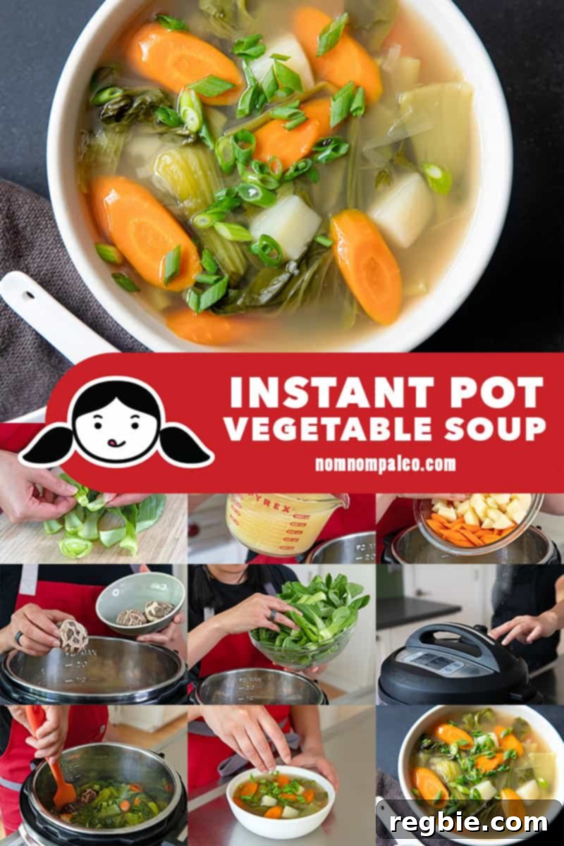 A step-by-step collage illustrating the simple process of making healthy Instant Pot Vegetable Soup, a family favorite.