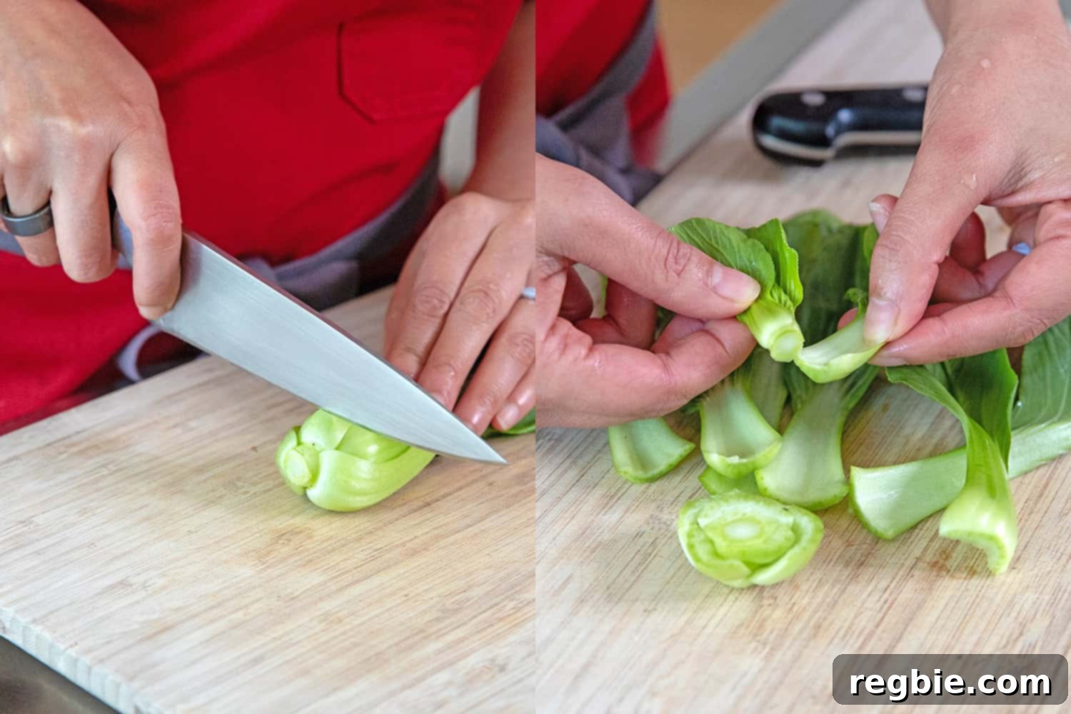 Slicing baby bok choy into manageable pieces for a healthy and flavorful Instant Pot Vegetable Soup.