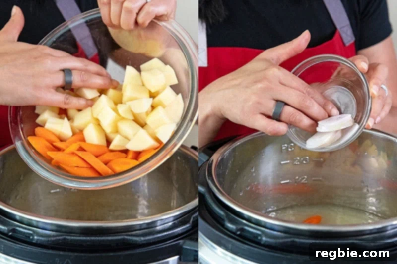 Adding diced potatoes, sliced carrots, and shallots into an Instant Pot to create a paleo-friendly Instant Pot Asian soup.