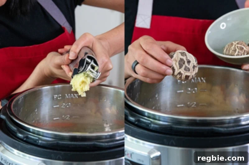 Incorporating minced garlic and dried shiitake mushrooms into the Instant Pot for a healthy Chinese-inspired soup.