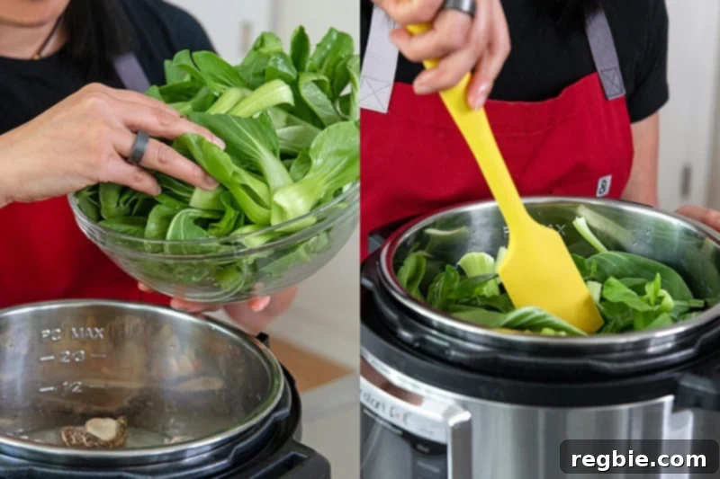 Stirring in fresh baby bok choy into the Instant Pot Vegetable Soup mixture before cooking.