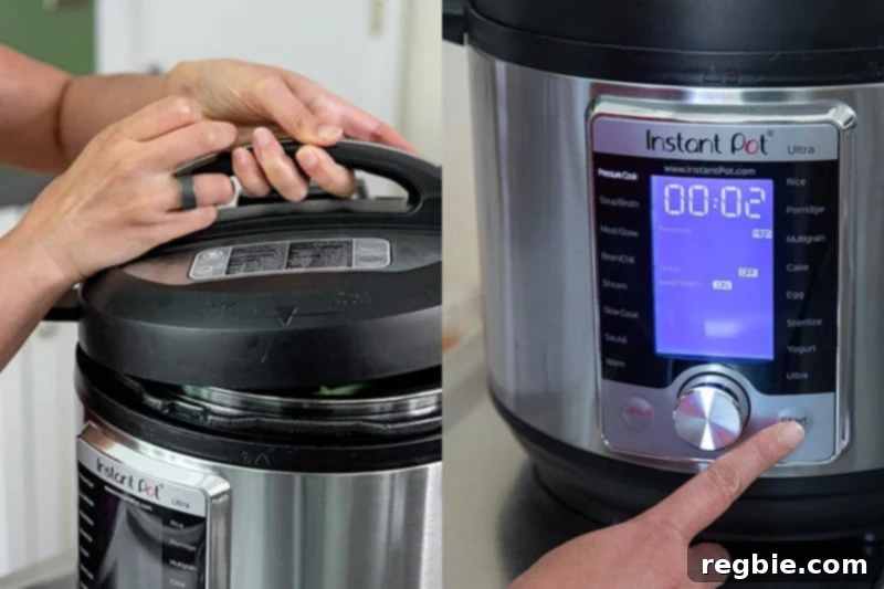 Locking the lid on an Instant Pot to cook Whole30 Vegetable soup for 2 minutes under high pressure, ensuring maximum flavor and efficiency.