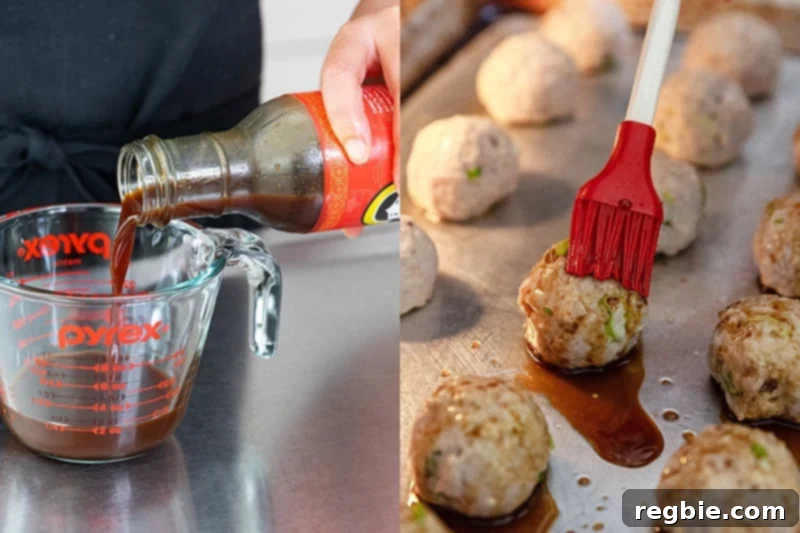 A shot of someone pouring gluten-free All-Purpose Stir-Fry Sauce into a measuring cup to baste on top of tsukune, Japanese chicken meatballs, during cooking.