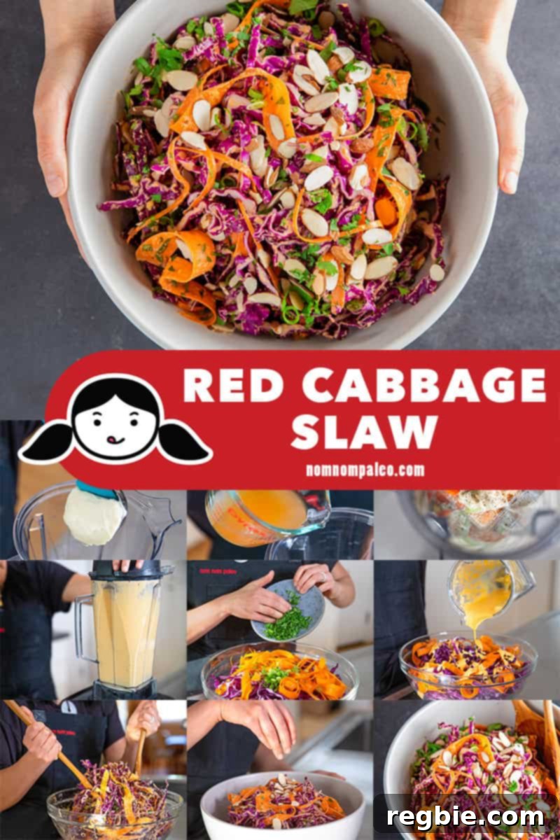 Bright Red Cabbage Slaw with Zesty Ginger Carrot Dressing 3 A visual guide showing the simple steps to prepare Whole30 and paleo red cabbage slaw with tangy carrot and ginger dressing, emphasizing ease of preparation.