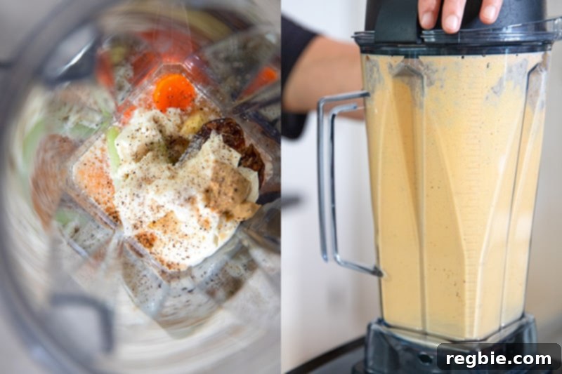 Bright Red Cabbage Slaw with Zesty Ginger Carrot Dressing 4 An overhead shot of the tangy carrot ginger dressing ingredients in an open Vitamix blender, alongside a side view of the blender actively mixing the dressing to a smooth consistency.