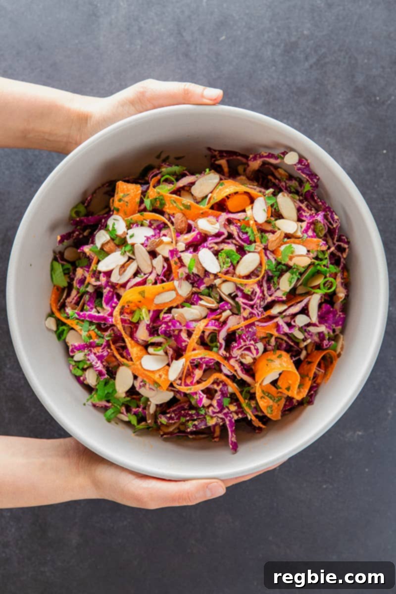 Bright Red Cabbage Slaw with Zesty Ginger Carrot Dressing 9 An inviting overhead shot of a person holding a large, beautifully presented bowl of healthy red cabbage slaw, generously topped with toasted almonds and fresh herbs, ready to be served.