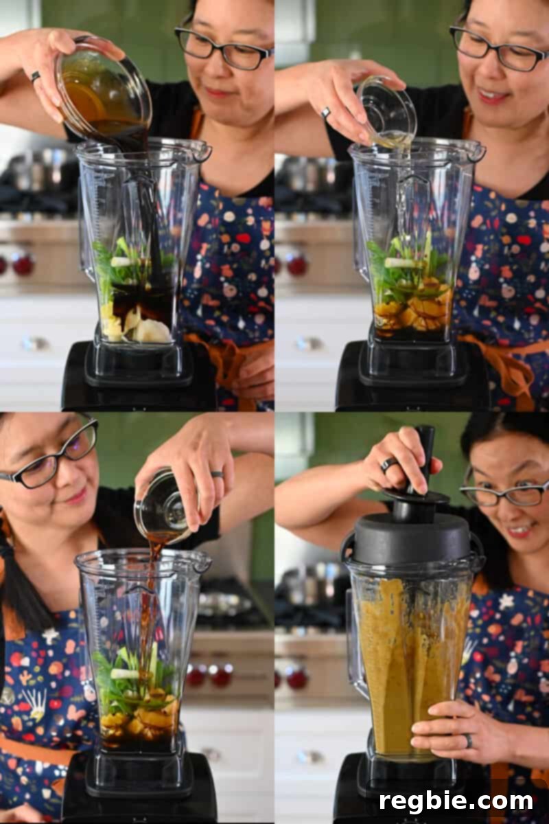 Fall-Off-The-Bone Slow Cooker Korean Short Ribs 11 Four pictures of an Asian woman making the Korean Short Ribs marinade in a Vitamix blender.