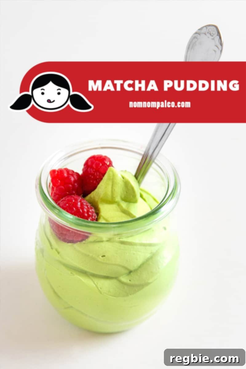 Creamy Paleo Dairy Free Matcha Pudding 2 A vibrant, close-up shot of creamy paleo matcha pudding in an elegant clear glass, beautifully garnished with fresh, juicy raspberries, highlighting its rich green color and smooth texture.