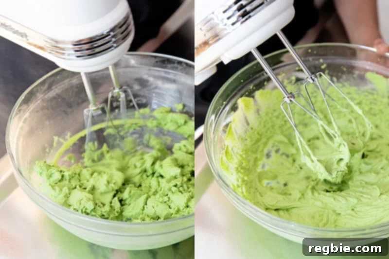 Creamy Paleo Dairy Free Matcha Pudding 11 A hand mixer vigorously blending the chilled matcha pudding, gradually transforming it from a solid mass into a delightfully creamy and smooth dessert.