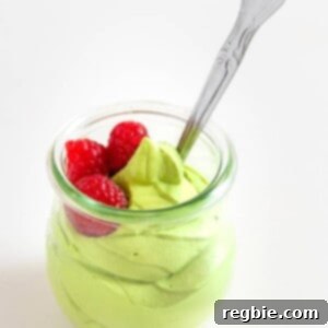 Creamy Paleo Dairy Free Matcha Pudding 14 A side shot of creamy matcha pudding in a clear glass, elegantly presented with a serving spoon inside and garnished with raspberries.
