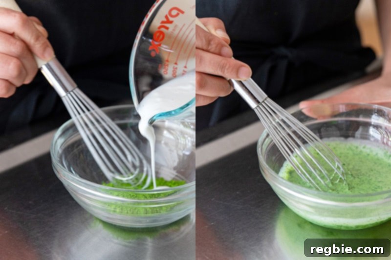 Creamy Paleo Dairy Free Matcha Pudding 4 A whisk stirring creamy coconut milk into bright green matcha powder in a bowl, forming a smooth base for the paleo matcha pudding.