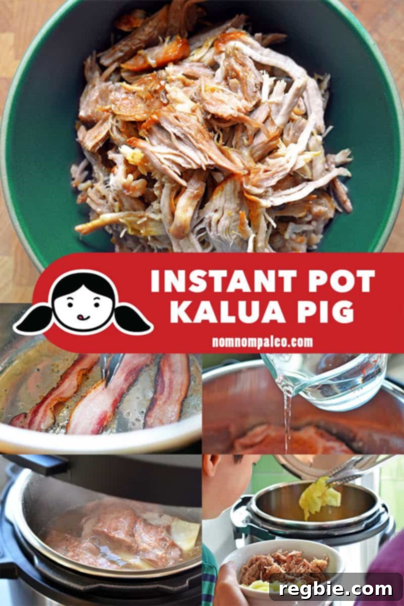 A collage of the cooking steps for Instant Pot Kalua Pig, showing preparation, cooking, and the final shredded pork.