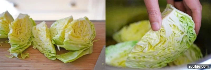 Sliced raw cabbage wedges are added to the flavorful cooking liquid in the Instant Pot, ready to absorb the rich broth.